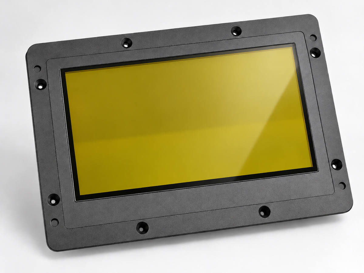 Athena II 16K Yellow LCD module in a black aluminium frame, angled view