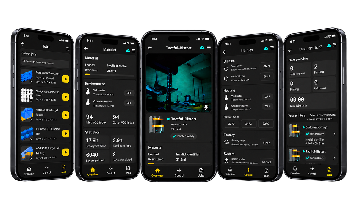 Athena Mobile app shown on five phones with printer monitoring and control screens