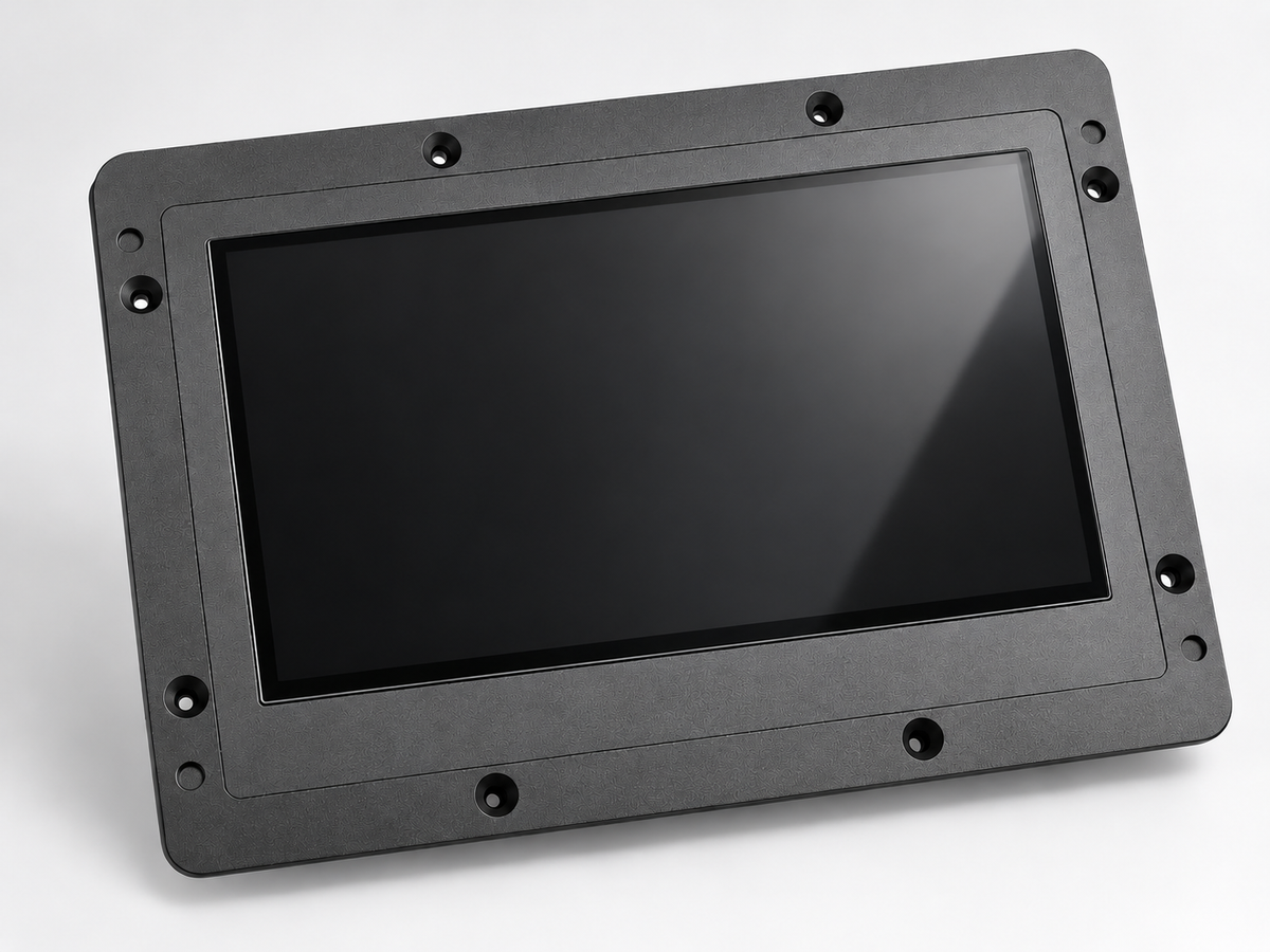 Athena II 16K Black LCD module in a black aluminium frame, angled view