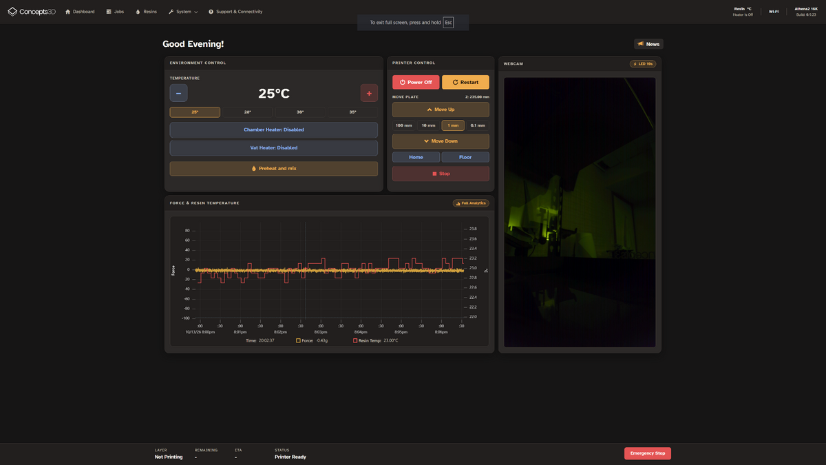 Athena II WebUI dashboard showing environment and printer controls, webcam, and force and resin-temperature trends